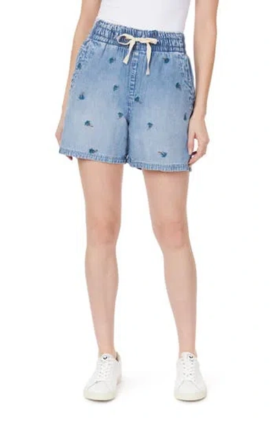 Kensie Embroidered Pull-on Denim Shorts In Blue