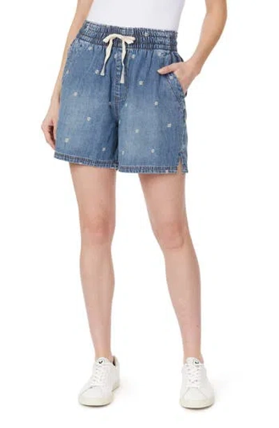 Kensie Embroidered Pull-on Denim Shorts In Blue