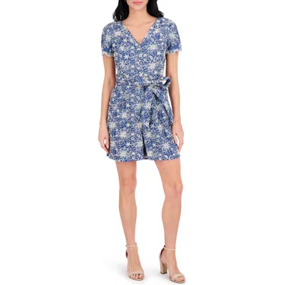 Kensie Embroidered Tie Waist Romper In Blue