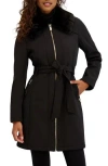 Kensie Faux Fur Collar Water Resistant Belted Softshell Jacket In Black