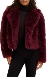 Kensie Faux Fur Crop Jacket In Burgundy