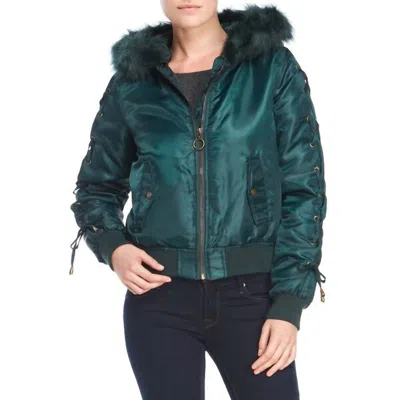 Kensie Faux Fur Hood Lace Up Crop Puffer Jacket In Green In Multi