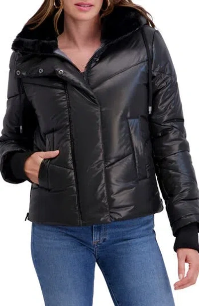 Kensie Faux Fur Lined Hood Short Puffer Jacket In Black