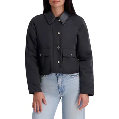 Kensie Faux Leather Collar Twill Rain Jacket In Black