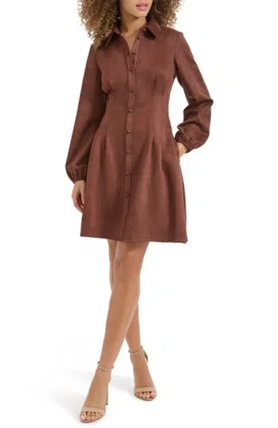 Kensie Faux Suede Long Sleeve Shirtdress In Brown