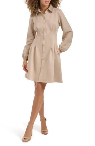 Kensie Faux Suede Long Sleeve Shirtdress In Sand