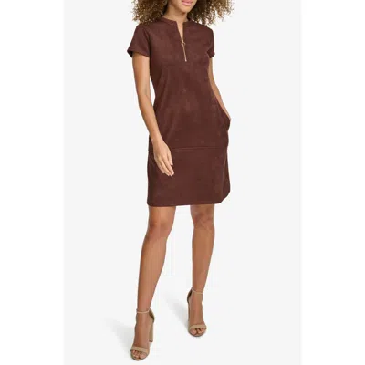 Kensie Faux Suede Shirtdress In Chocolate