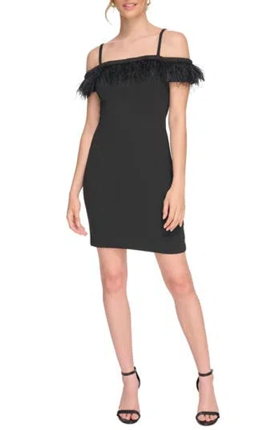 Kensie Feather Off-the-shoulder Dress In Black