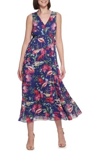 Kensie Flamingo Print Sleeveless Chiffon Maxi Dress In Blue