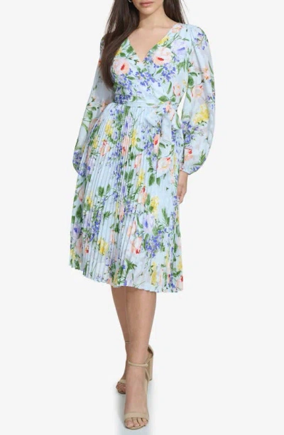 Kensie Floral Burnout Long Sleeve Faux Wrap Dress In Blue Multi