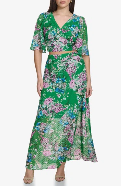 Kensie Floral Clip Dot Chiffon Two-piece Dress In Green Multi