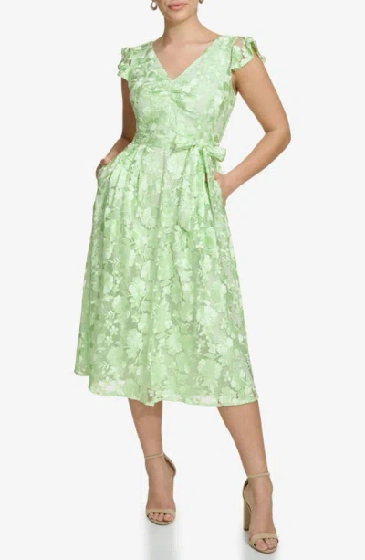 Kensie Floral Embroidered Fit & Flare Midi Dress In Lily Green
