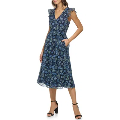 Kensie Floral Embroidered Maxi Dress In Navy/green Mutli