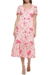 Kensie Floral Embroidered Puff Sleeve Chiffon Midi Dress In Blush/rasberry