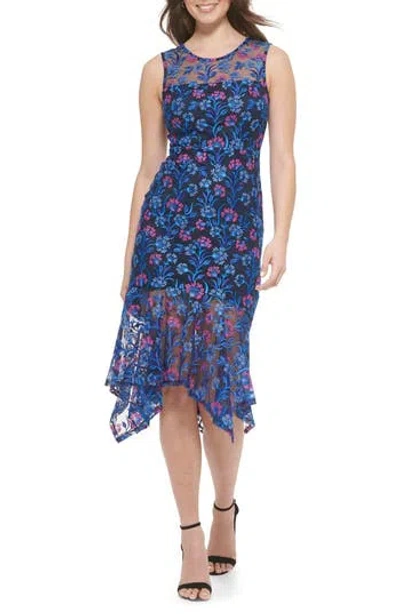 Kensie Floral Embroidered Sleeveless Midi Dress In Navy/fuschia