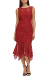 Kensie Floral Lace Asymmetric Dress In Burgundy