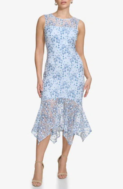 Kensie Floral Lace Handkerchief Hem Dress In Blue Multi
