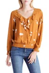 Kensie Floral Long Sleeve Ruffled V-neck Woven Top In Mid-century Floral In Multi