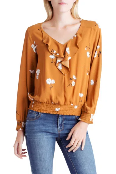 Kensie Floral Long Sleeve Ruffled V-neck Woven Top In Mid-century Floral In Brown
