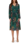 Kensie Floral Long Sleeve Satin A-line Midi Dress In Green