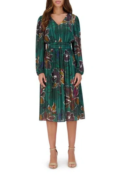 Kensie Floral Long Sleeve Satin A-line Midi Dress In Green