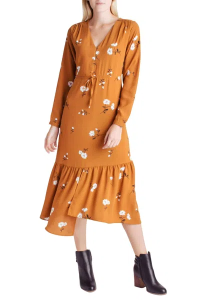 Kensie Floral Long Sleeve V-neck Dress In Mid-century Floral In Multi