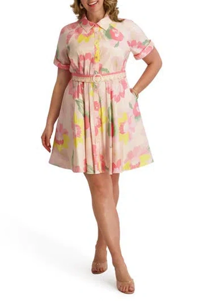 Kensie Floral Short Sleeve Taffeta Fit & Flare Shirtdress In Brown