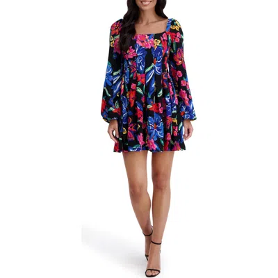 Kensie Floral Square Neck Long Sleeved Minidress In Multi