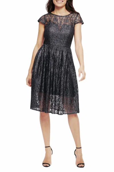 Kensie Foil Lace Short Sleeve Fit And Flare Dress In Black