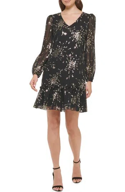Kensie Foil Print Long Sleeve Dress In Black