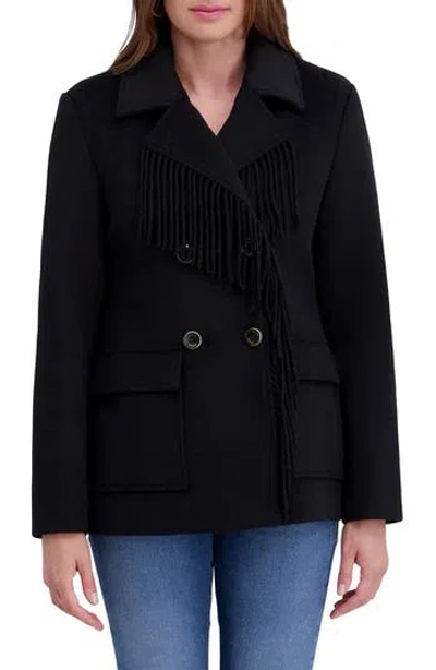 Kensie Fringe Trim Twill Peacoat In Black