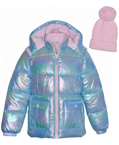 Kensie Girl Kids' Girls' 5-16 Iridescent Puffer Jacket With Knit Hat, 2-piece Set In Blue
