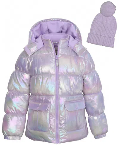 Kensie Girl Kids' Girls' 5-16 Iridescent Puffer Jacket With Knit Hat, 2-piece Set In Purple