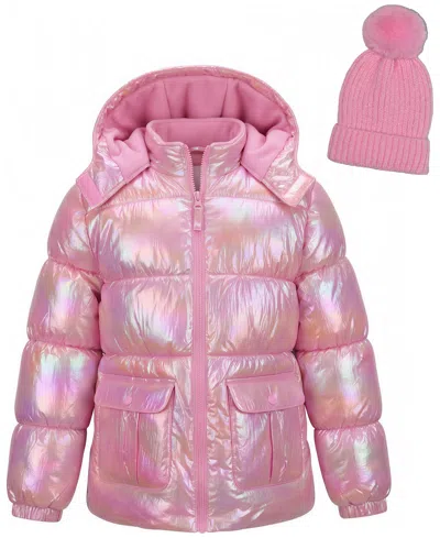 Kensie Girl Kids' Girls' 5-16 Iridescent Puffer Jacket With Knit Hat, 2-piece Set In Pink