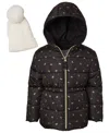 Kensie Girl Toddler And Little Girls Foil Bow Puffer Jacket With Beanie In Brown
