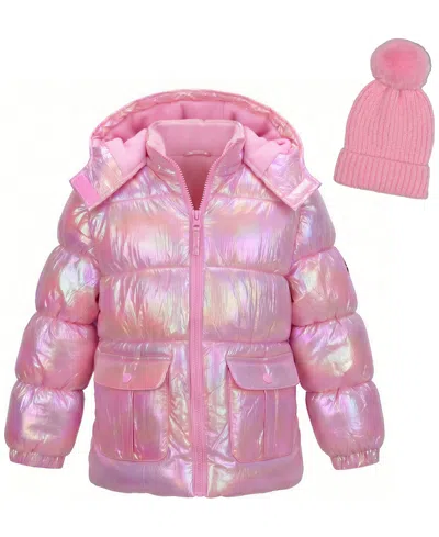 Kensie Girl Babies' Toddler Girls' 2t-5t Iridescent Puffer Jacket With Hat In Pink