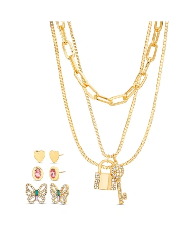 Kensie Gold-tone 3-row Necklace With Key And Lock Pendants And 3 Pair Of Earrings Set