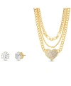 KENSIE GOLD-TONE 3-ROW NECKLACE WITH LOVE LETTER CHARMS AND HEART PENDANT WITH ROUND CZ EARRINGS SET