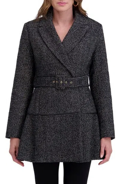 Kensie Herringbone Belted Flared Coat In Multi