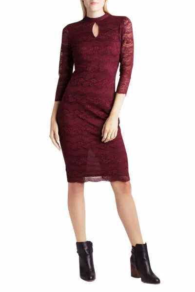 Kensie High Neck Key Hole Bodycon Floral Lace Dress In Red