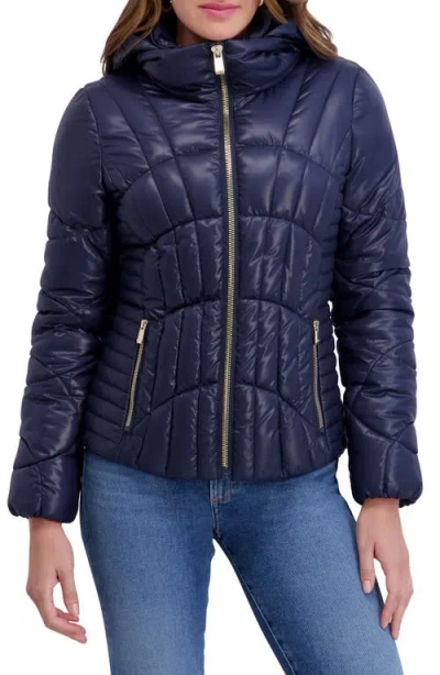 Kensie Hooded Puffer Jacket In Blue