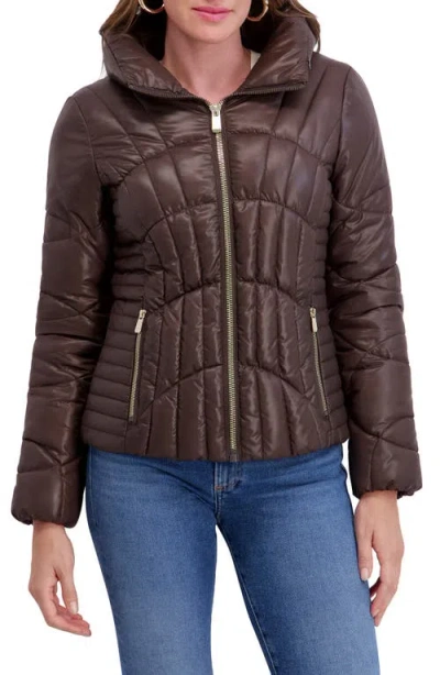 Kensie Hooded Puffer Jacket In Brown