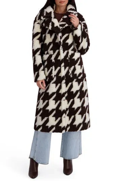 Kensie Houndstooth Faux Shearling Coat In Multi