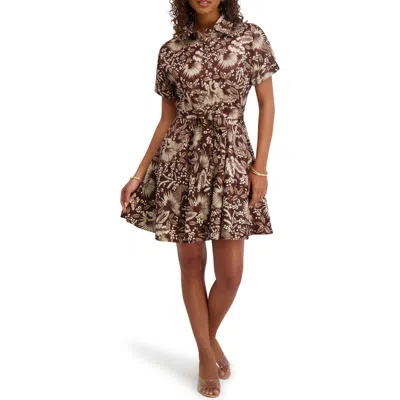 Kensie Jungle Print Short Sleeve Taffeta Shirtdress In Brown