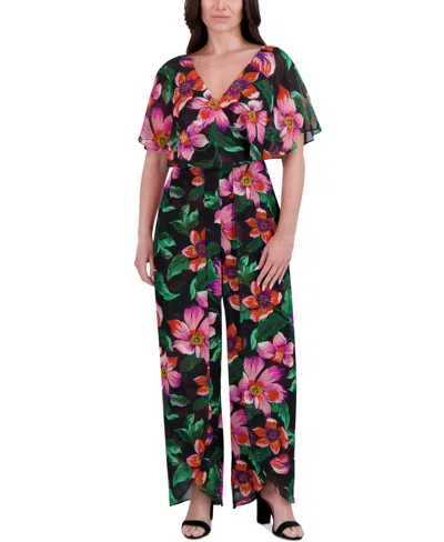Kensie Kenzie Women's Floral Chiffon Cape-overlay Jumpsuit In Blck Multi