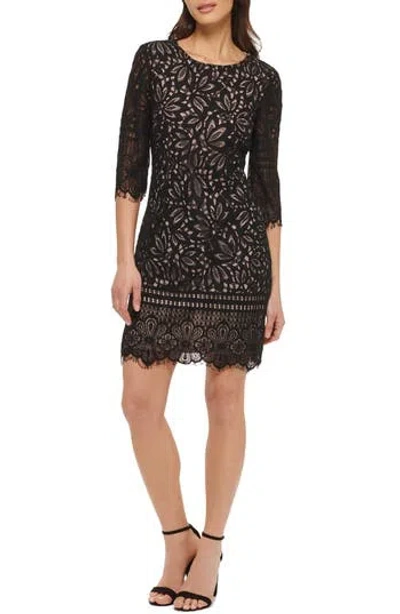 Kensie Lace Sheath Dress In Black/nude