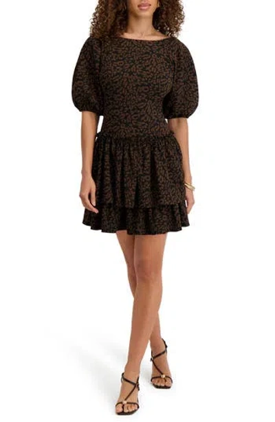 Kensie Leopard Print Puff Sleeve Fit & Flare Minidress In Blk/ Choc