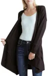 Kensie Long Sleeve Draped Fleece Knit Jacket With Pockets In Black In Black