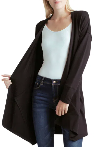 Kensie Long Sleeve Draped Fleece Knit Jacket With Pockets In Black