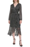 Kensie Women's Metallic Crinkle Belted Midi Dress In Black/gunmetal